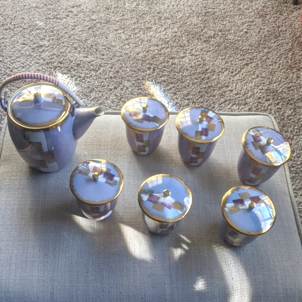 Tea Set Iridescent Lavender  w/6 Cups/Steeping Lids & Teapot/Lid
